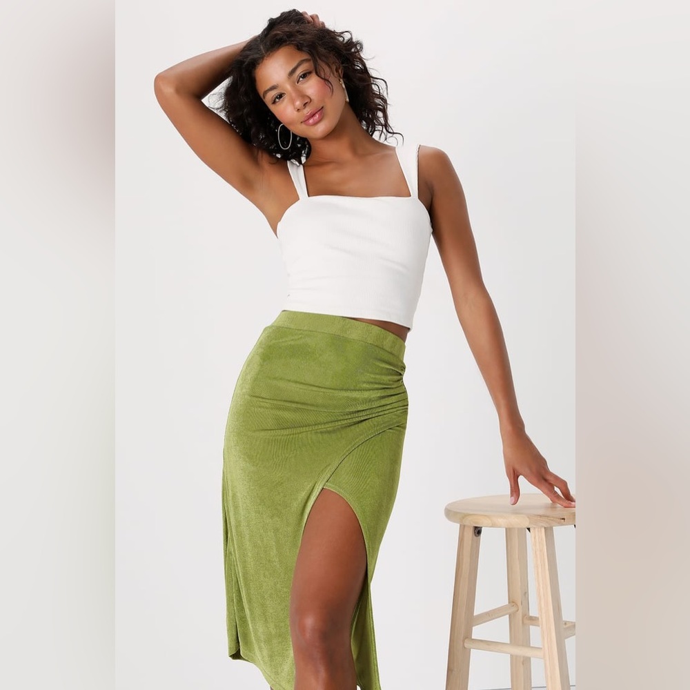 Lulus- Confident Commotion Lime Green High-Waisted Faux-Wrap Midi Skirt